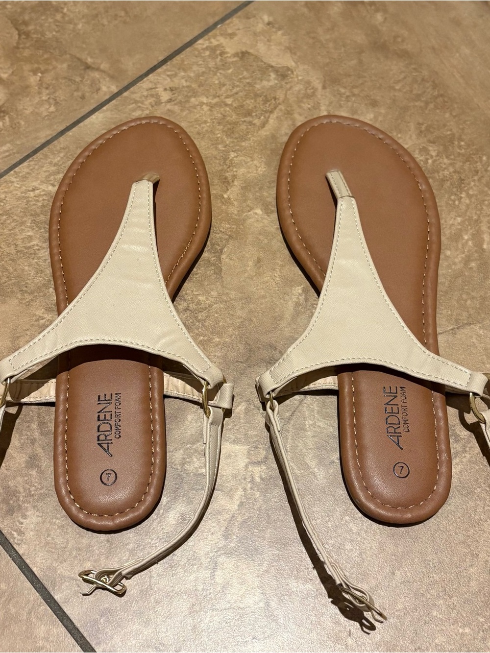 Ardene Cream and Brown T-Strap Sandals